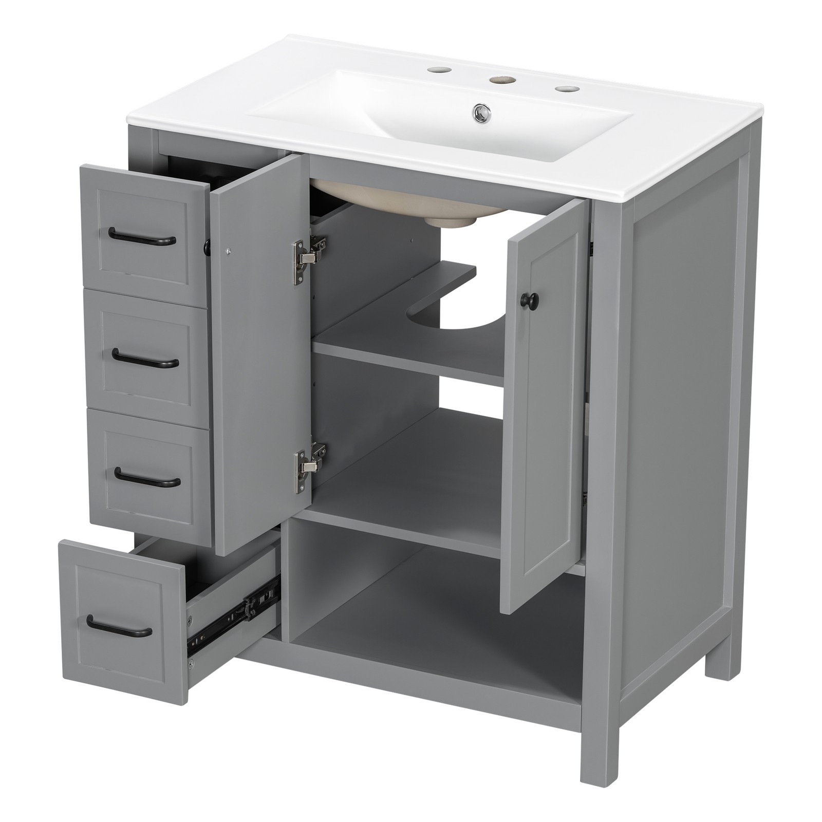 30″ Bathroom Vanity with Sink, 2 Doors & 2 Drawers, Solid Wood, Gray