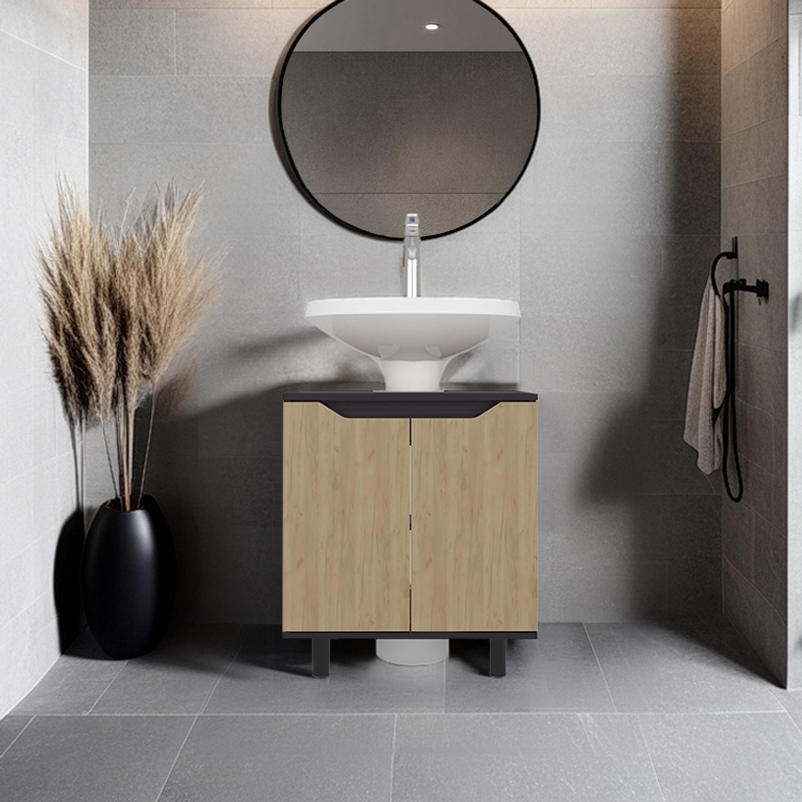 Under Sink Storage Cabinet with 2 Doors and 2 Shelves Natural Oak Black Wengue