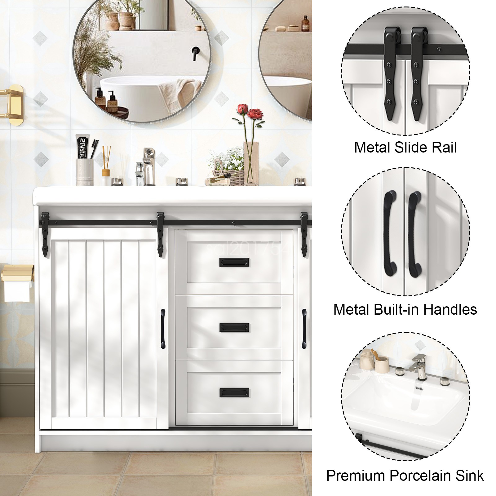 Bathroom Vanity Freestanding Ceramic Sink Cabinet With Doors and Drawers White