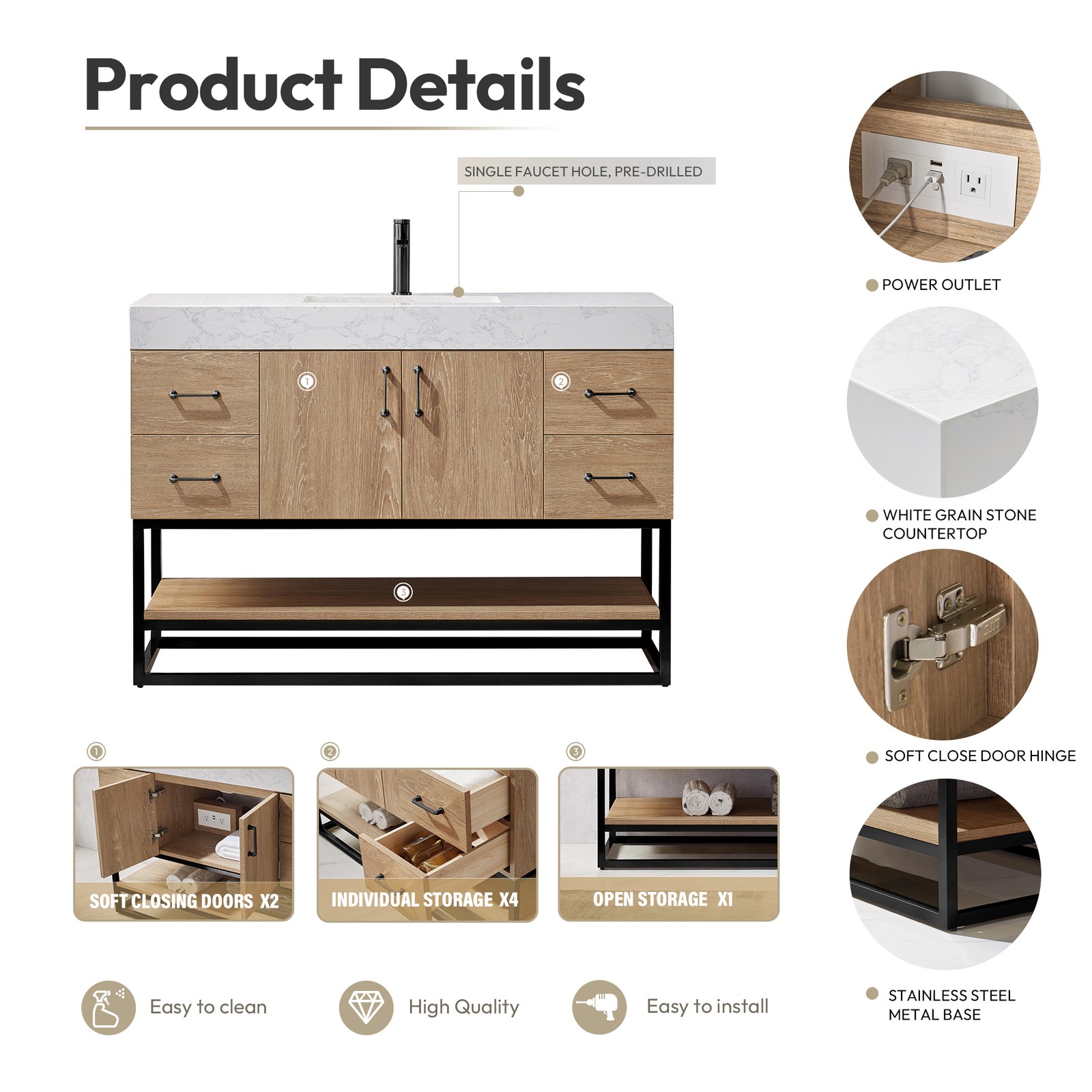 Vinnova Alistair 48″ White Stone Top Oak Single Vanity Black Frame w/o Mirror