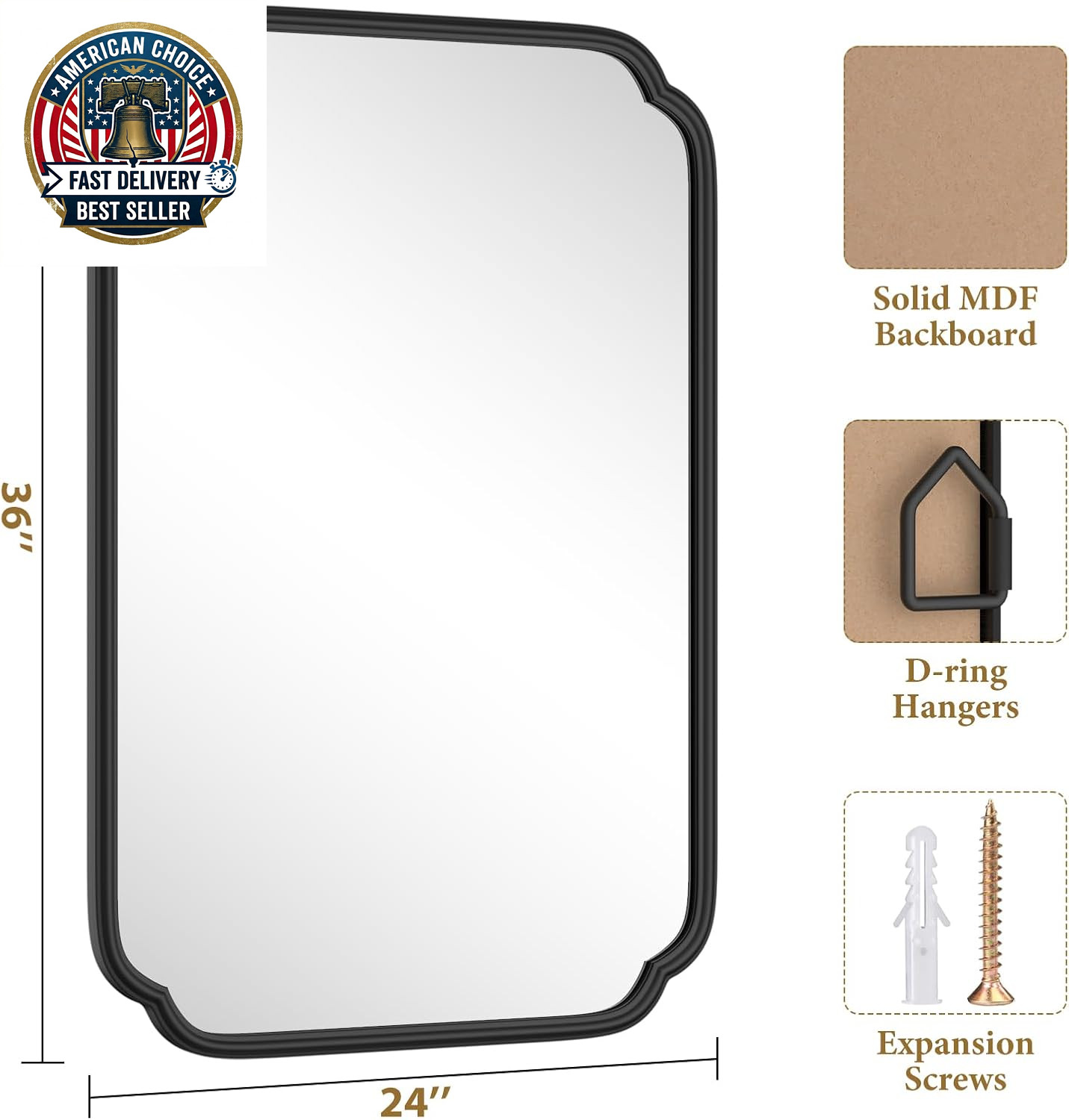 Black Bathroom Vanity Mirrors for over Sink 24″ X 36″ Modern Rounded Corner Rect