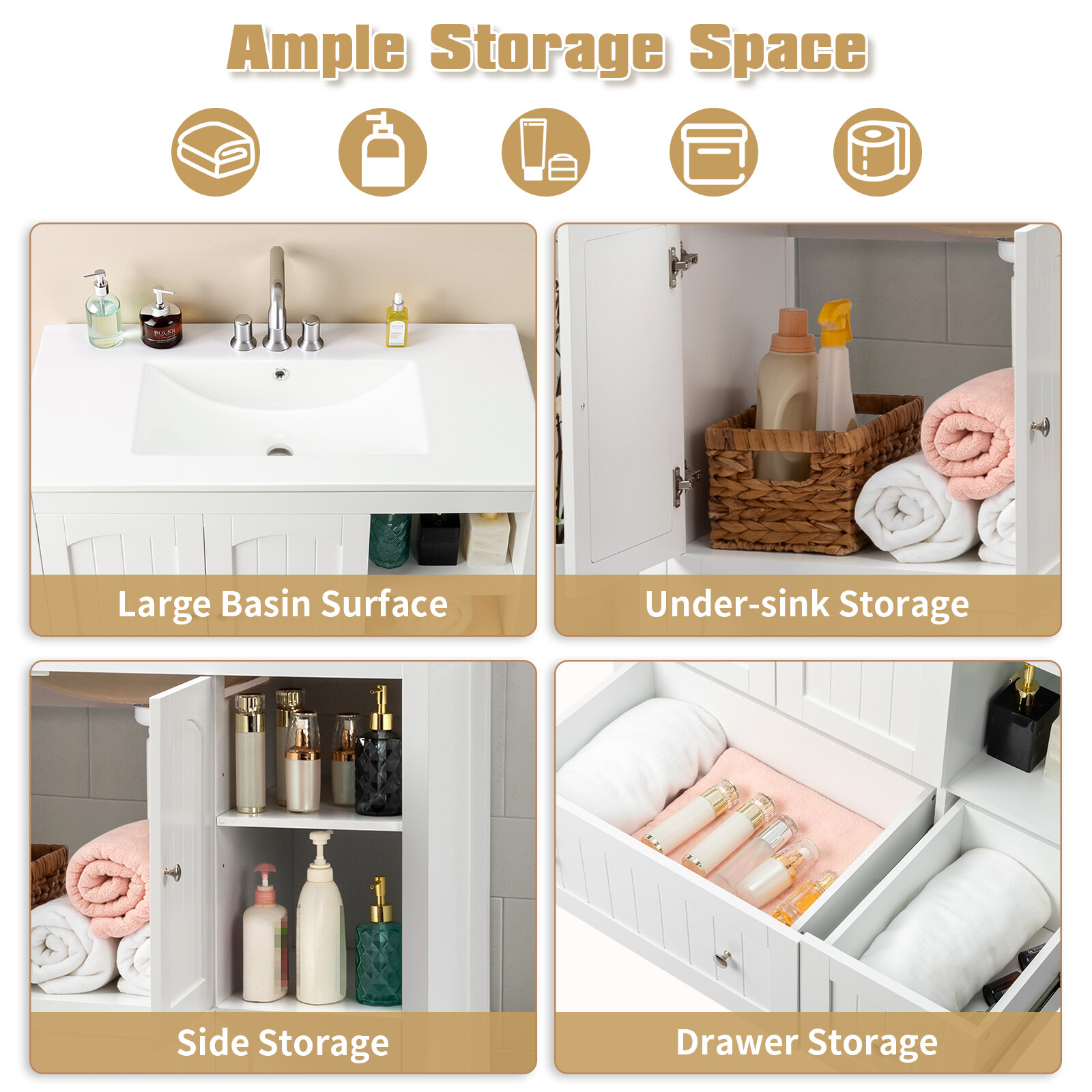 36″ Bathroom Vanity Without Sink, Wooden Storage Cabinet w/ 2 Doors & 2 Drawers