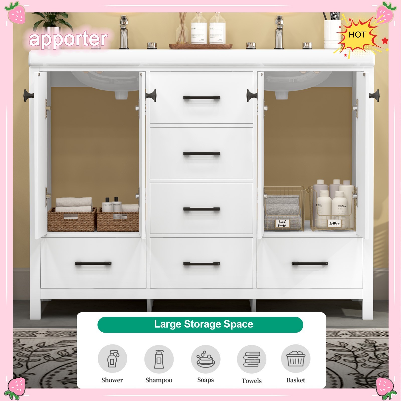 47in Bathroom Vanity &Sink,Freestanding Vanity Storage Cabinet,6 Drawers,2 Doors