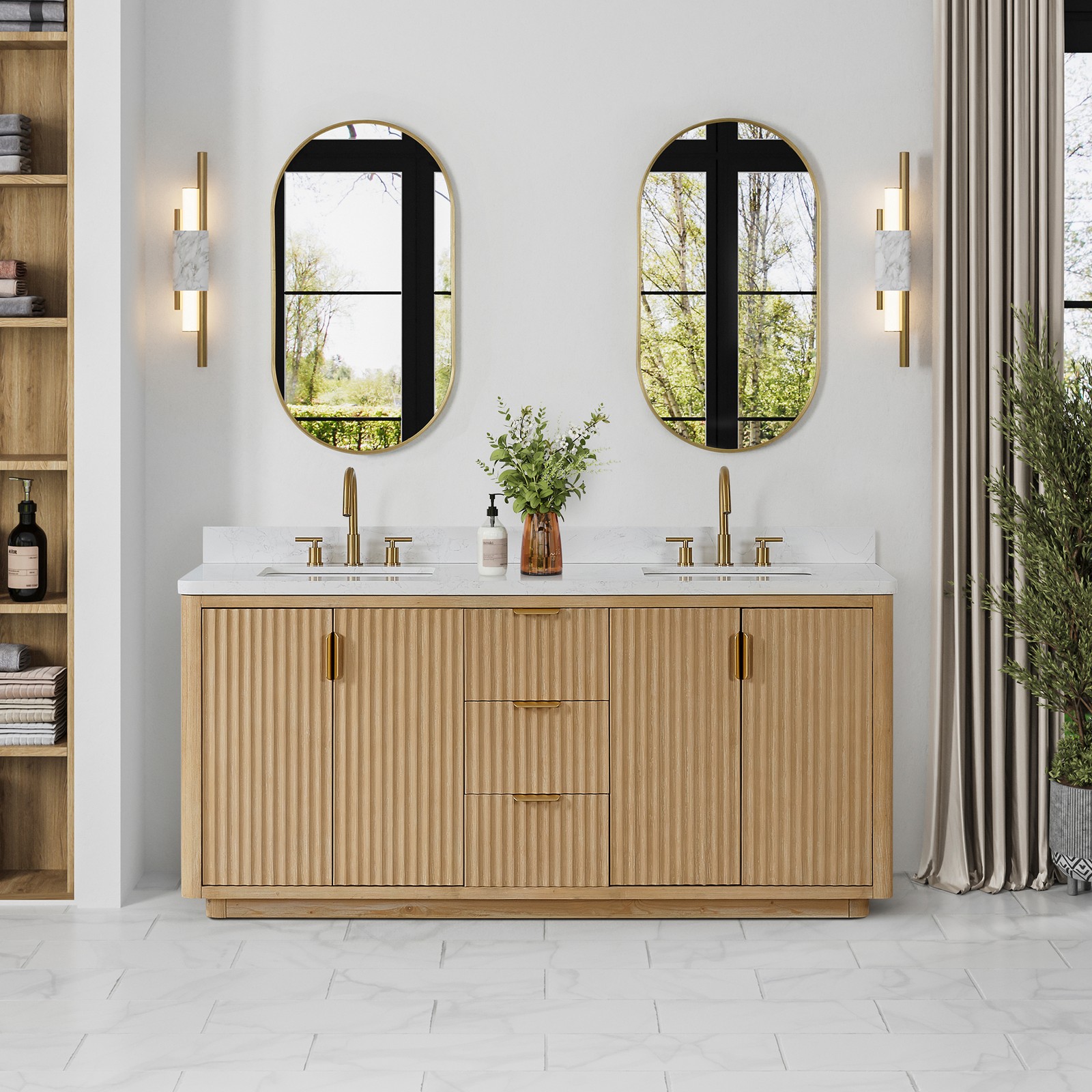 Cadiz 72″ Double Bathroom Vanity in Washed Ash Grey w/Lightning White Composite