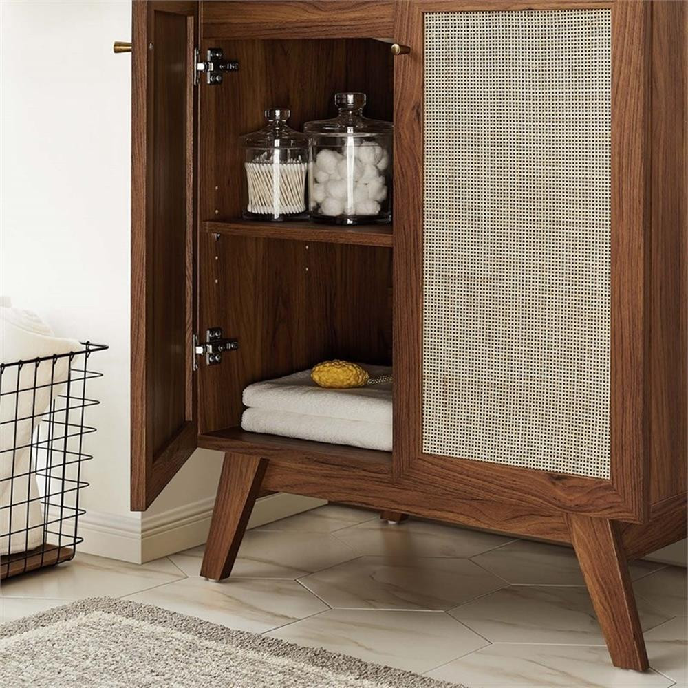 Modway Soma 30″ Modern Wood Bathroom Vanity with Rattan Door in Walnut/White