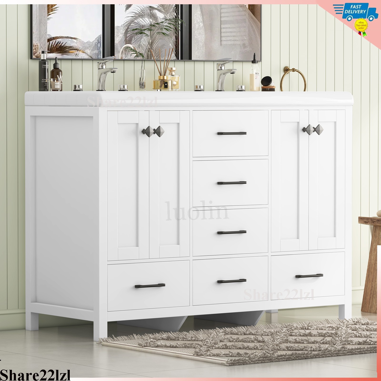 47″ Double Bathroom Vanity Wood Cabinet with Ceramic Sink Combo Set Freestanding