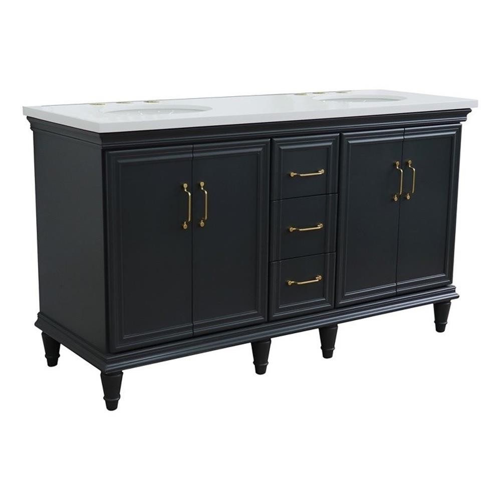 61 in. Double Wooden Vanity Dark Gray White Quartz Oval Sink