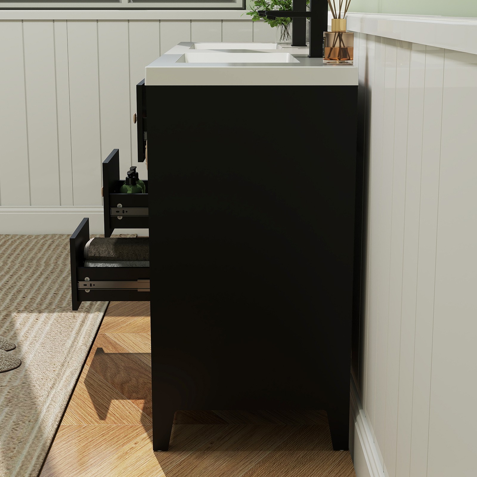 60″ Freestanding Bathroom Vanity Soft-Close 4 Doors 3 Drawers Matte Black Faucet