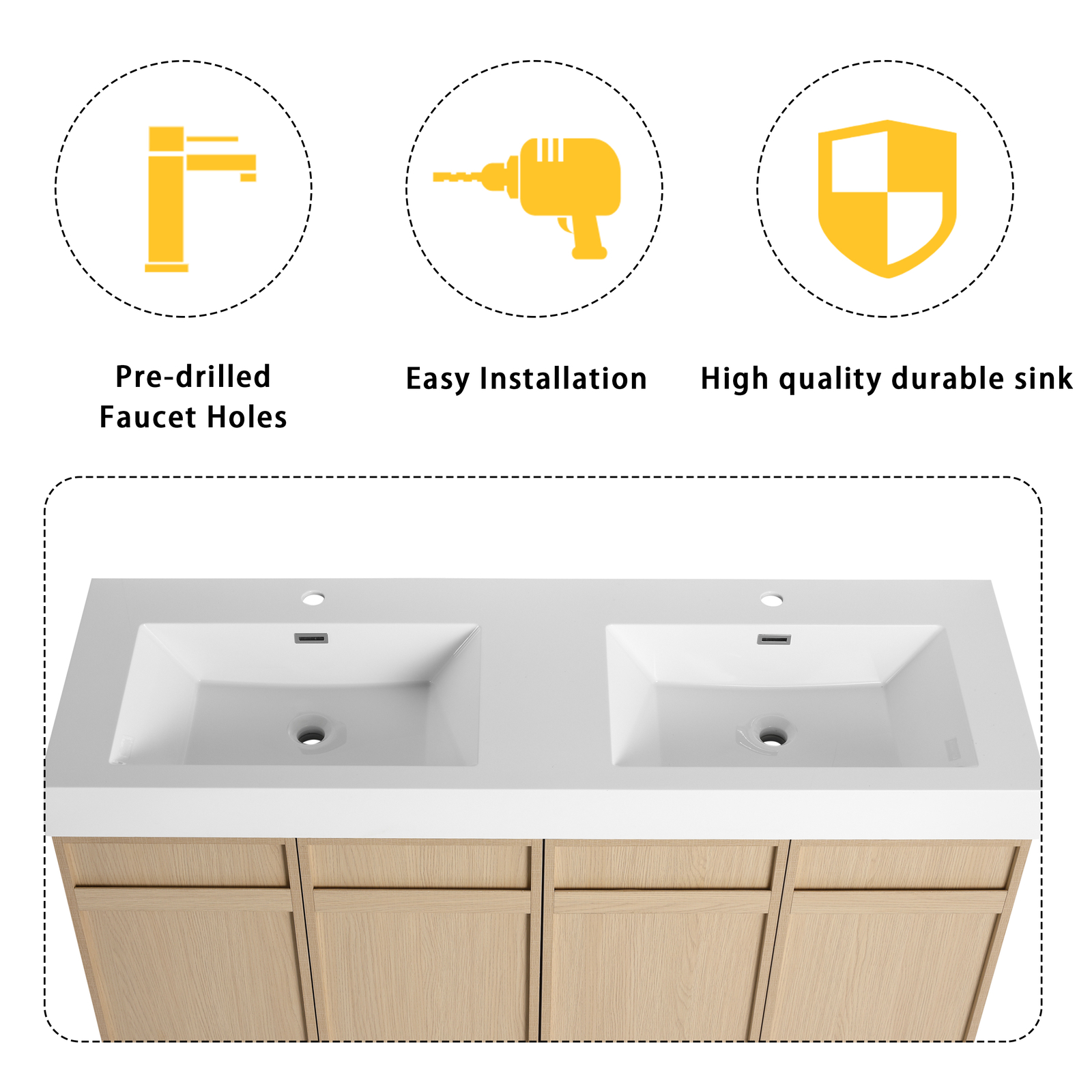 60″ Plywood Double Sink Bathroom Vanity Cabinet 4 Doors Undermount Resin Sink