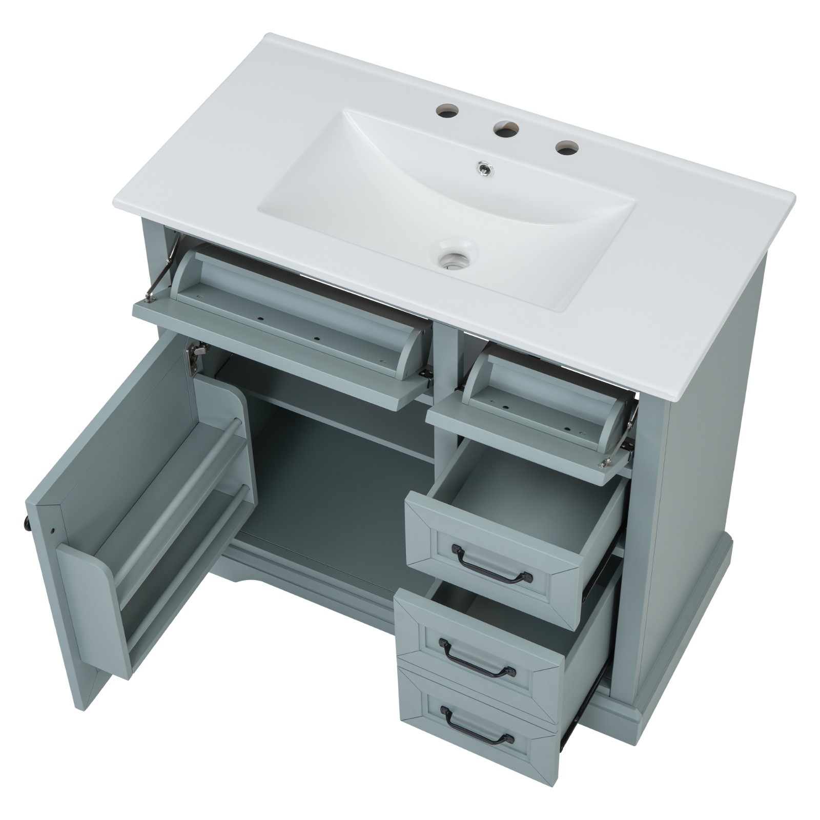36″ Bathroom Vanity With Ceramic Sink Storage Drawers Doors 3 Faucet Holes