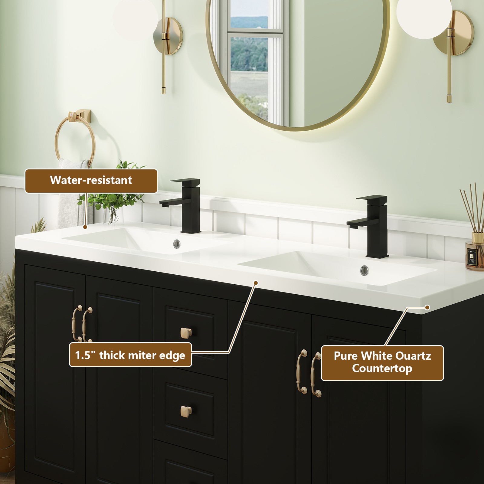 60″ Freestanding Bathroom Vanity Soft-Close 4 Doors 3 Drawers Matte Black Faucet