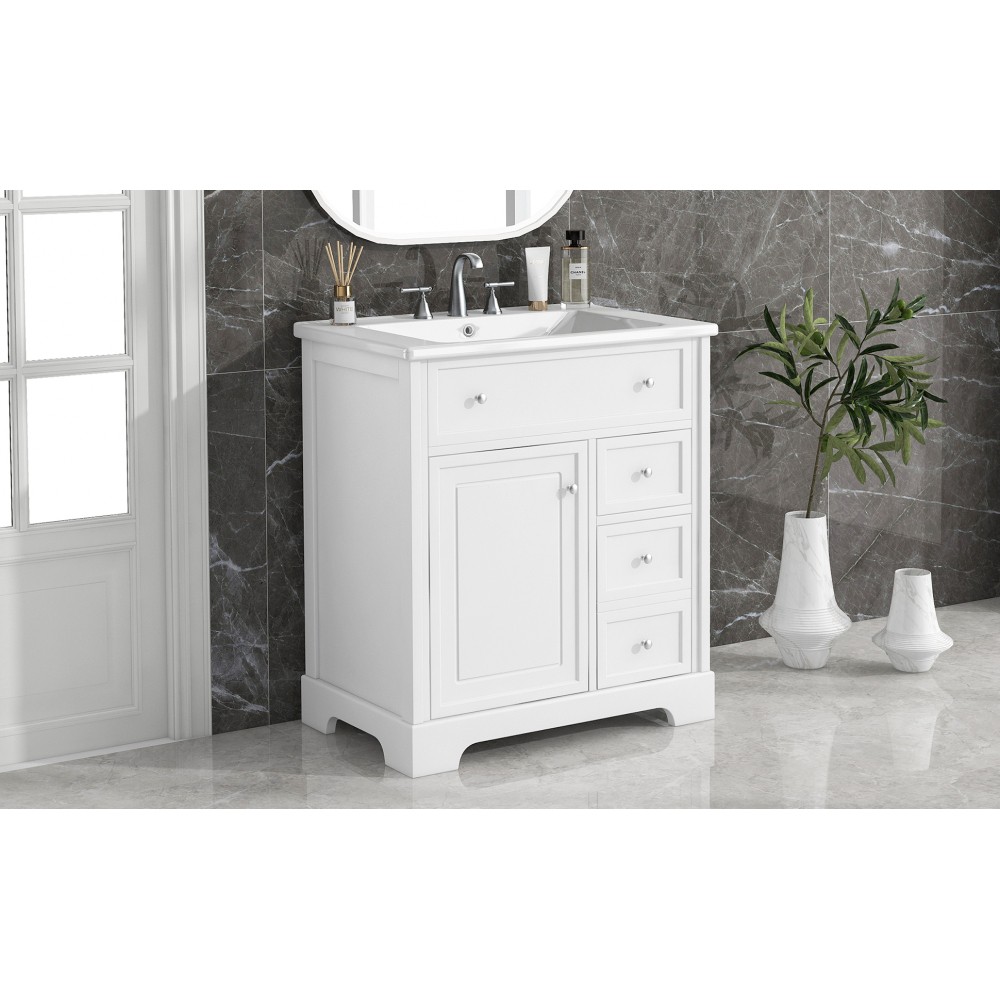 30 Inch White Bathroom Vanity with Ceramic Sink Top Solid Wood MDF Cabinet