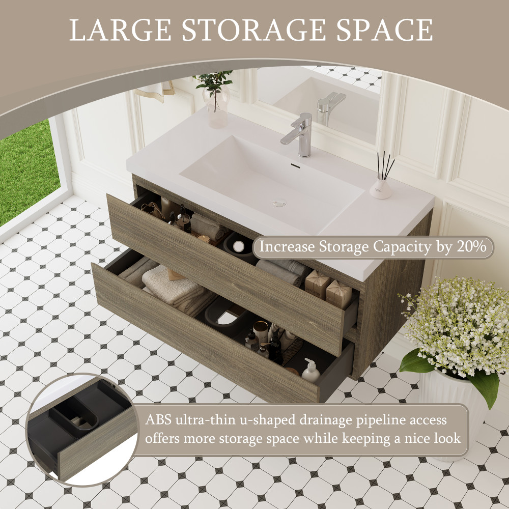 42″ Wall-Mounted Floating Bathroom Vanity with Sink & Soft Close Drawers – Grey