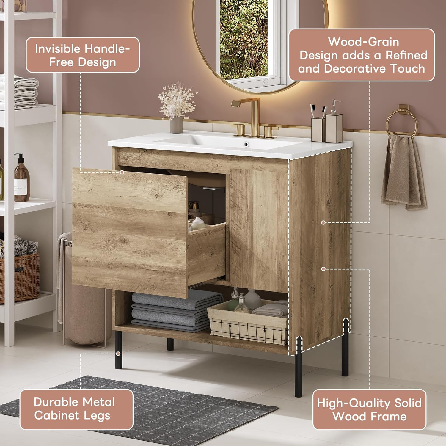 30″ Modern Wood Bathroom Vanity with Ceramic Sink & Sliding Drawer, Natural Fini