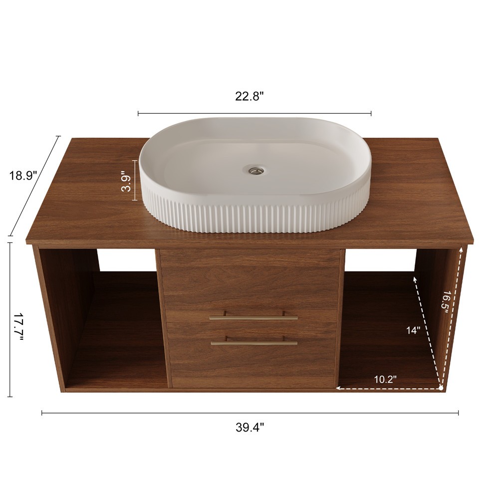 39″ Wall Mounted Bathroom Vanity w/Sink, 2 Drawers Floating Cabinet,Open Shelves