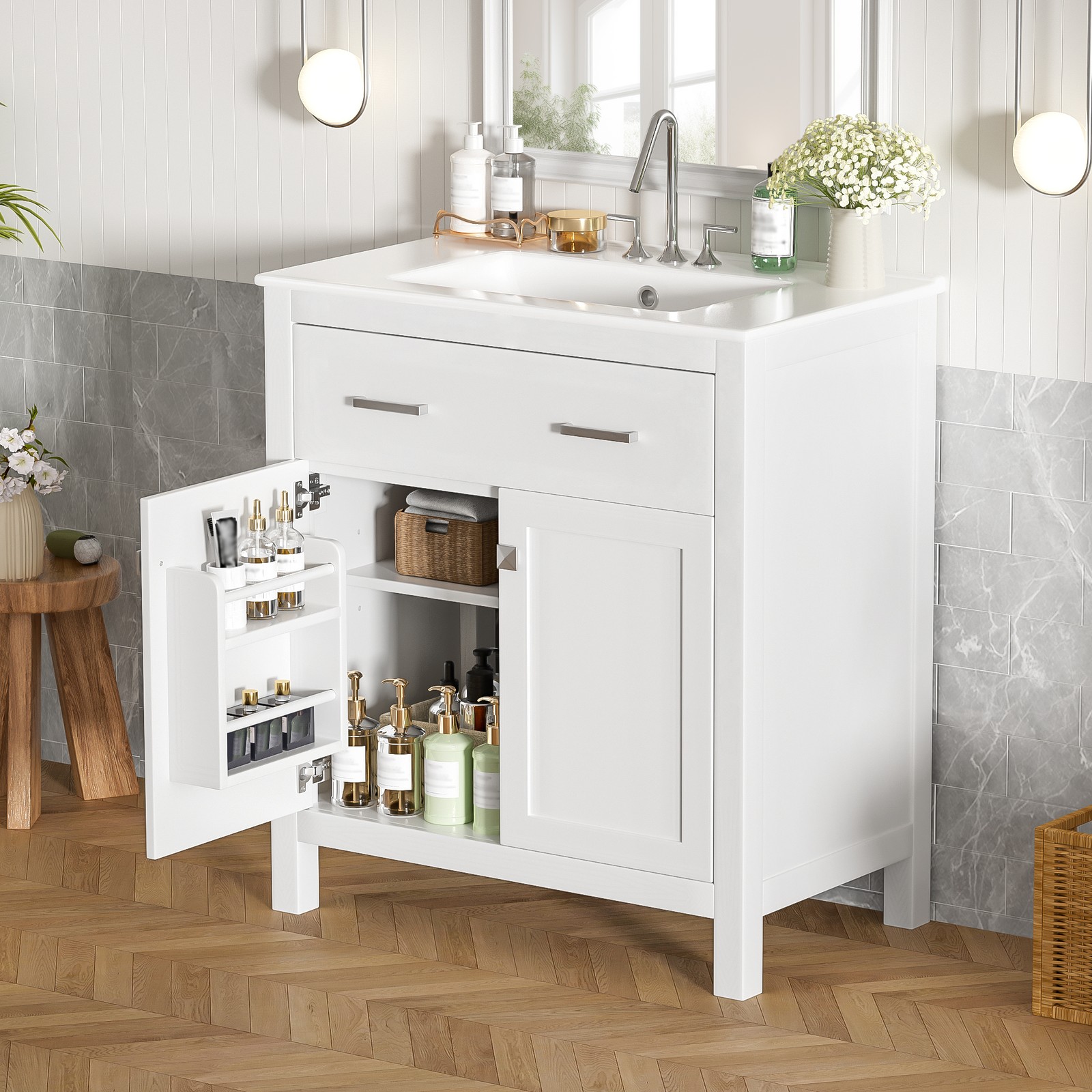 30-inch Bathroom Vanity with Ceramic Sink, Modern White Single Bathroom Cabinet