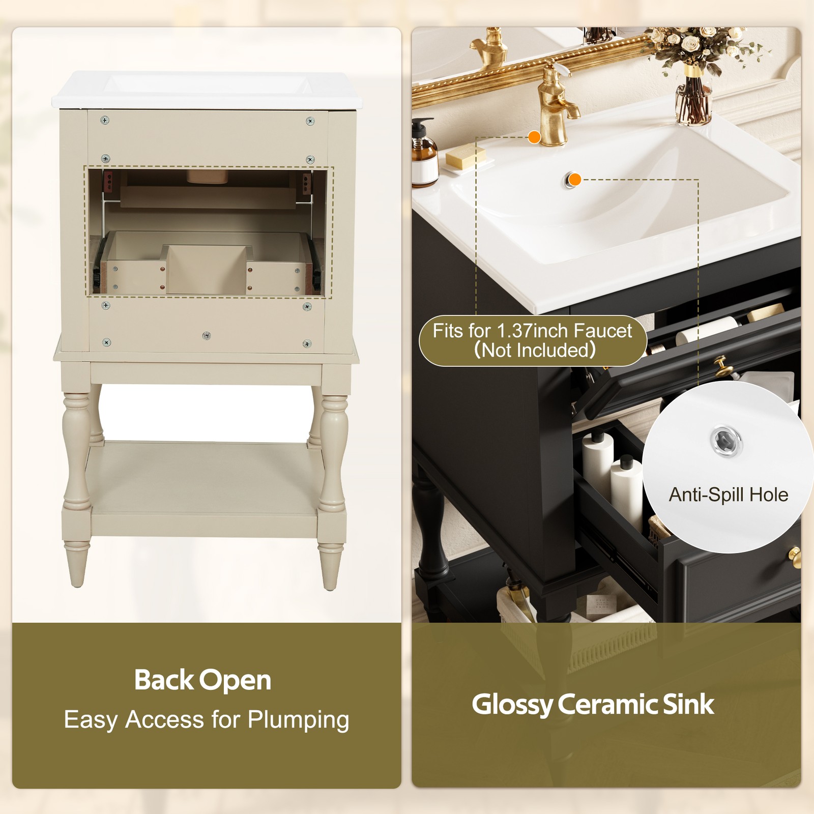 FUNIDEE 20” Bathroom Vanity Set Storage Cabinet with Ceramic Sink Combo Beige