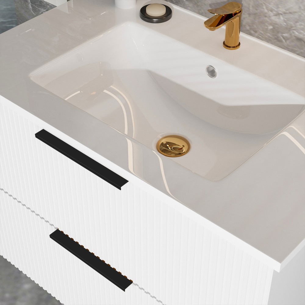 30″ Bathroom Vanity with Ceramic Sink, White Wall Mounted Fluted Cabinet