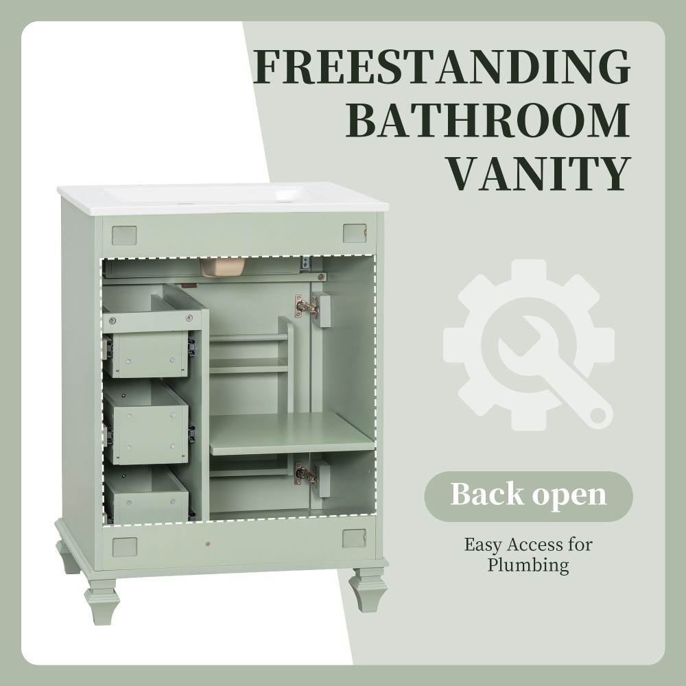 24″ Freestanding Vanity with Ceramic Sink & 3 Drawers, Solid Wood & MDF, Green