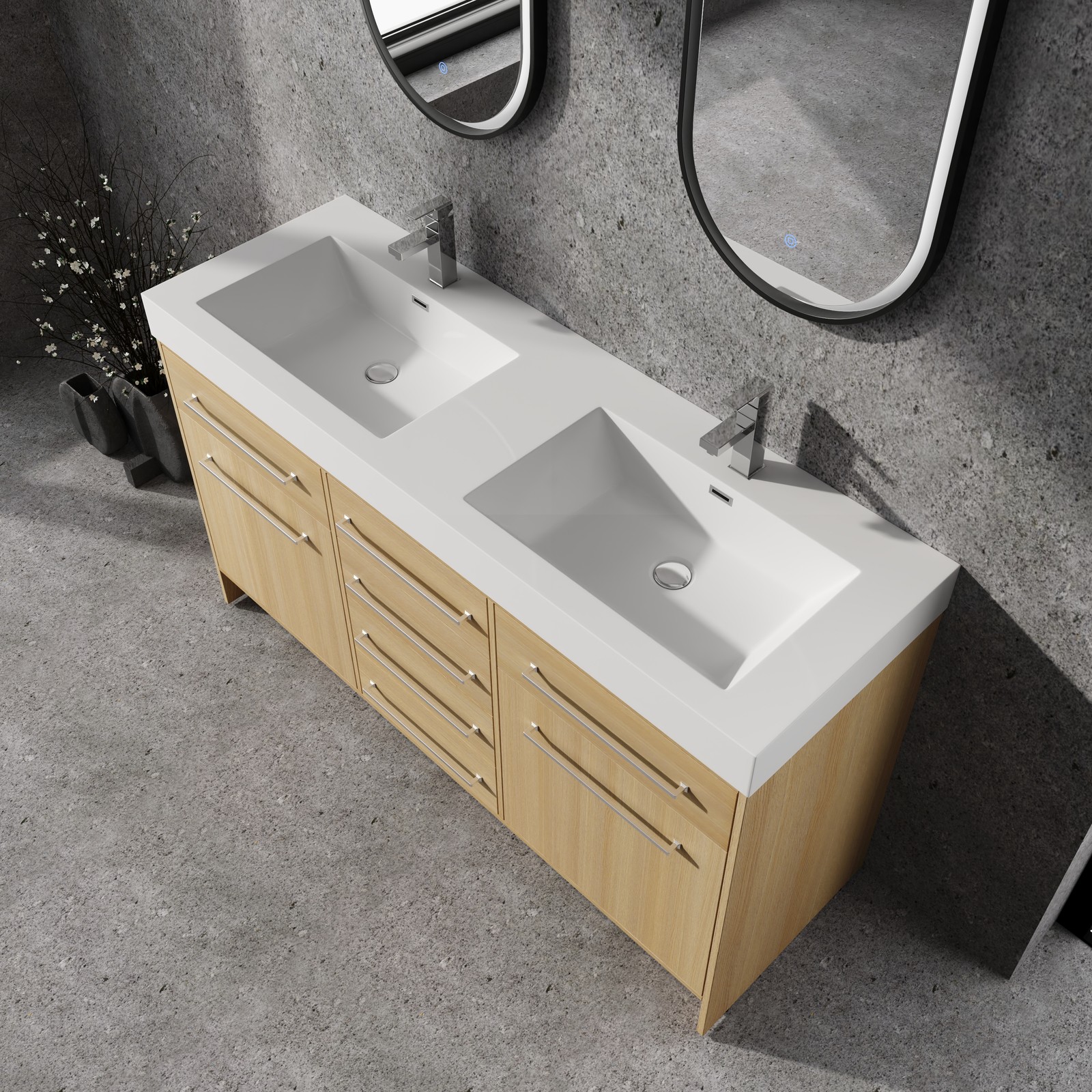 60 in Plywood Bathroom Vanity Freestanding W/Double Resin Sink +2 Doors 6Drawers