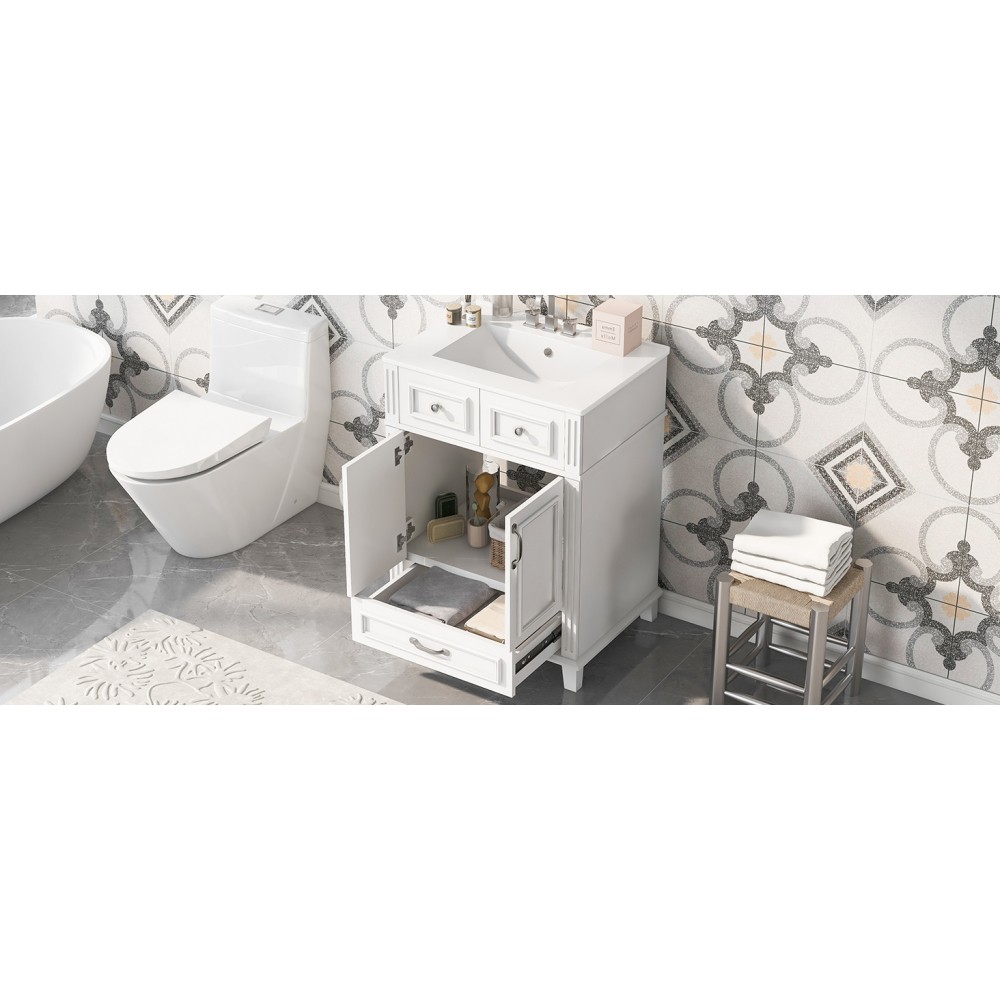 24″ Bathroom Vanity w/ Ceramic Sink, Solid Wood Frame, Soft Close Doors, White