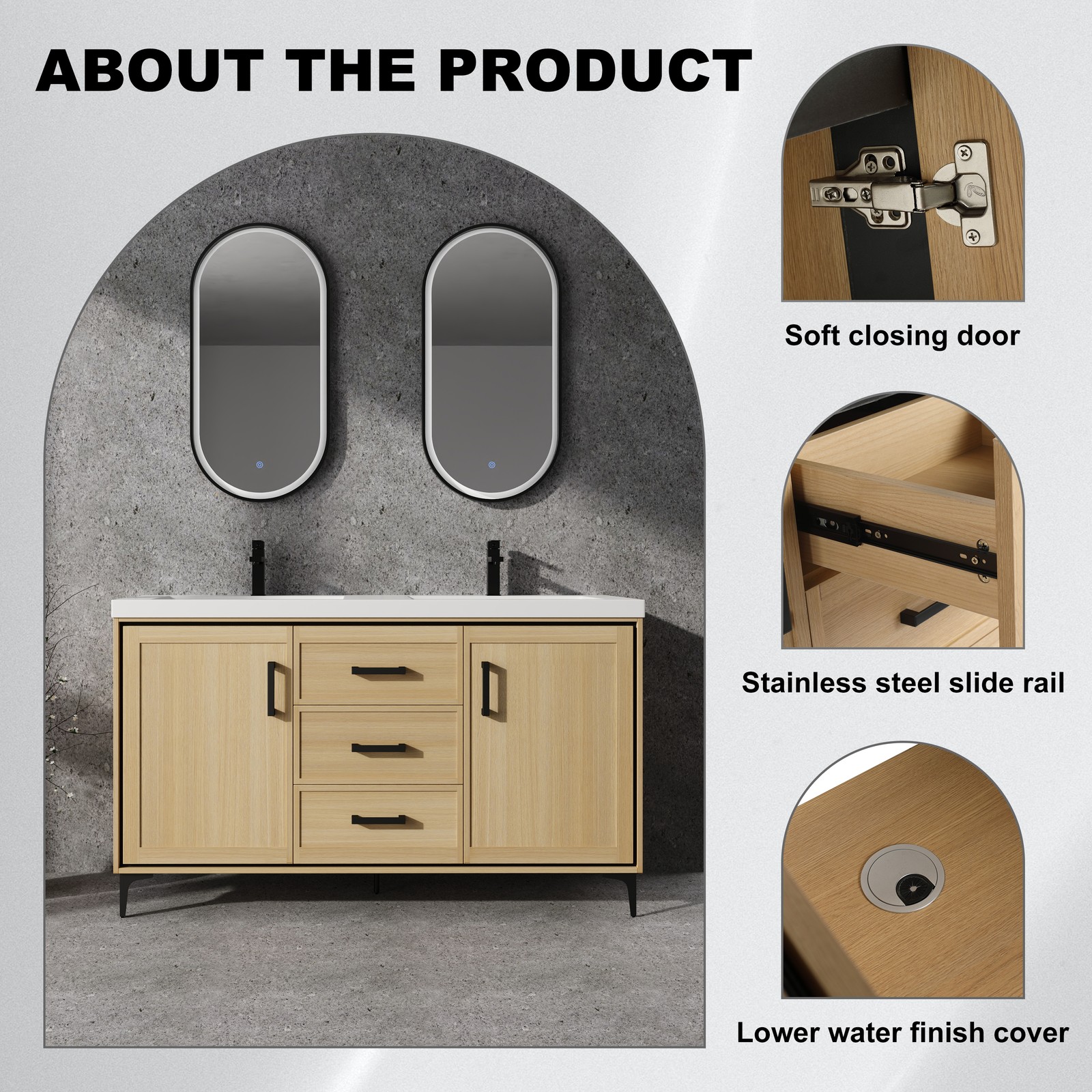 60 in Plywood Bathroom Vanity Freestanding W/Double Resin Sink +2 Doors 3Drawers