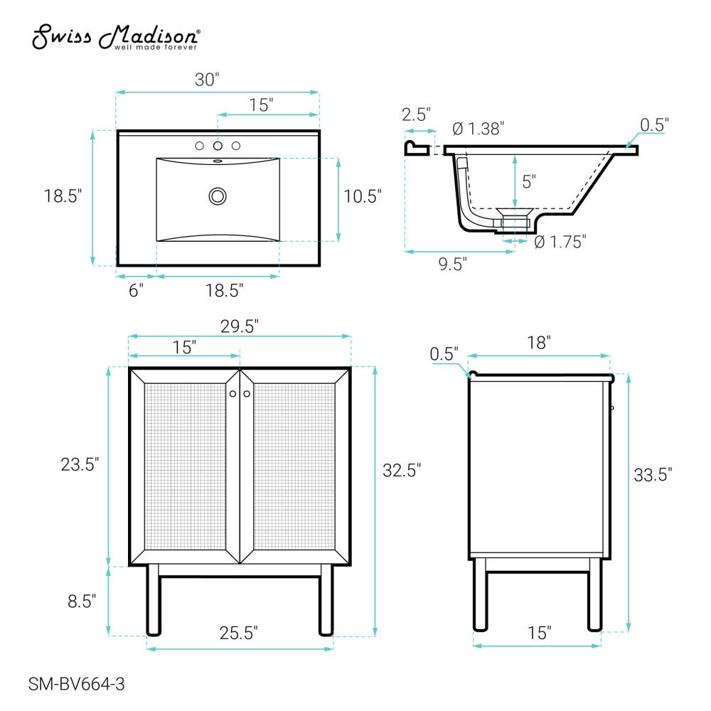 Swiss Madison SM-BV664-3 Classe 30″ – Golden Oak / White