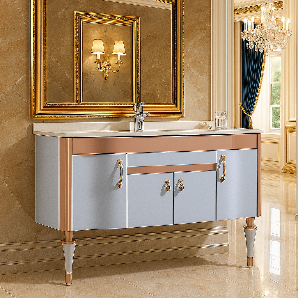 ✨ Luxury Handmade Single Bathroom Vanity – Marble Top – Gold & White ✨