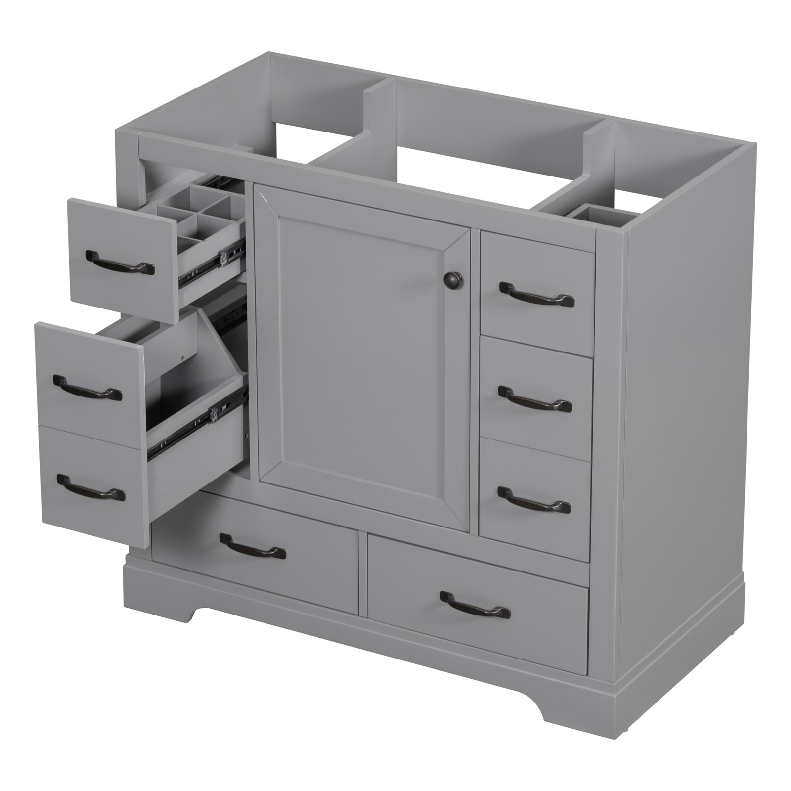 36″ Bathroom Vanity Base Only, 6 Drawers, Adjustable Shelf, Gray