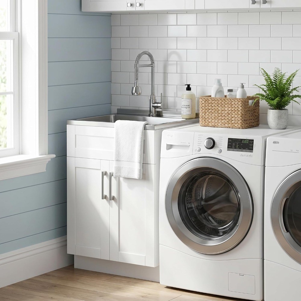 Transitional Stainless Steel Utility Sink Cabinet with High-Arc Chrome Faucet 24