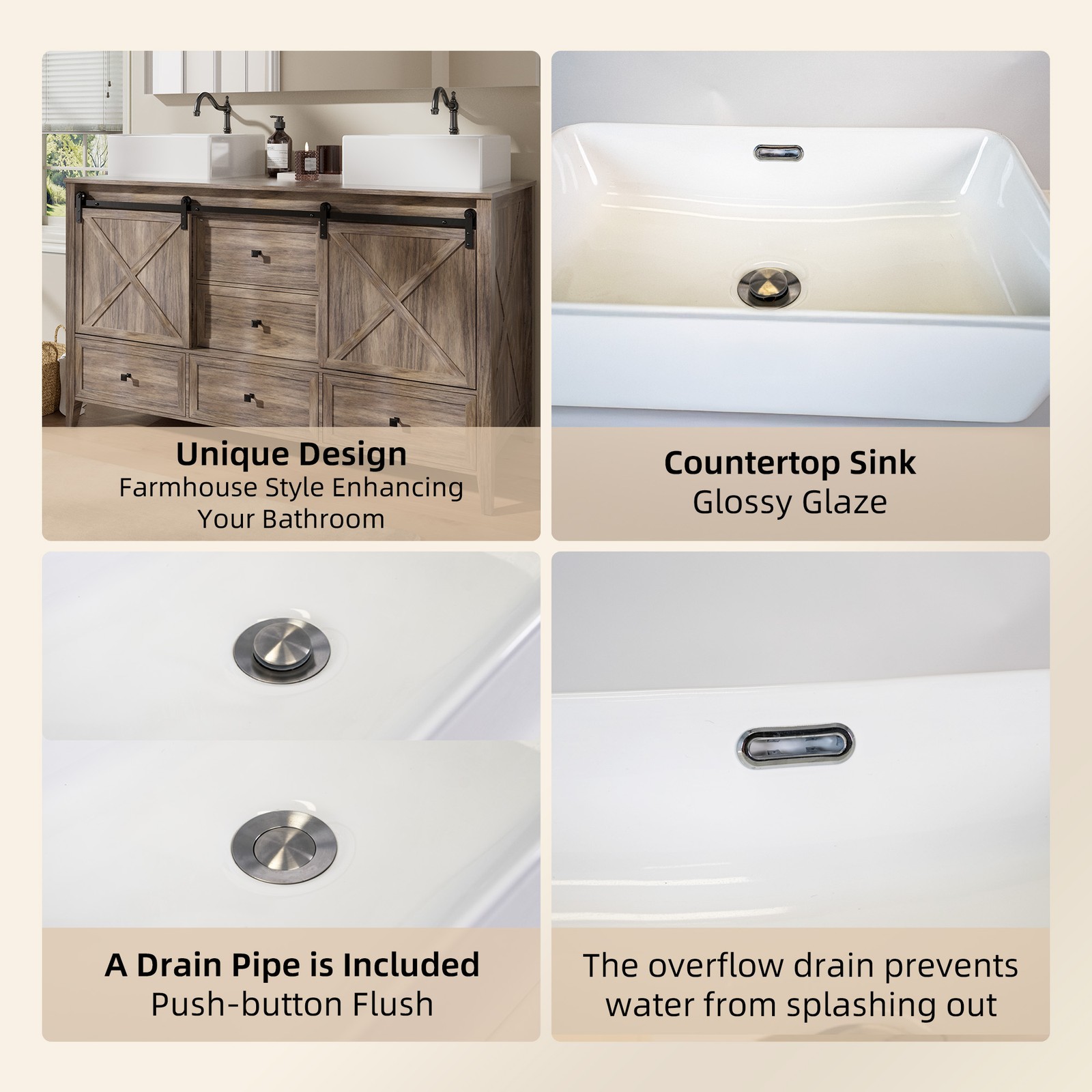 60″ Bathroom Vanity with Double Sink Combo Cabinet, Soft-Close Door & 5 Drawers