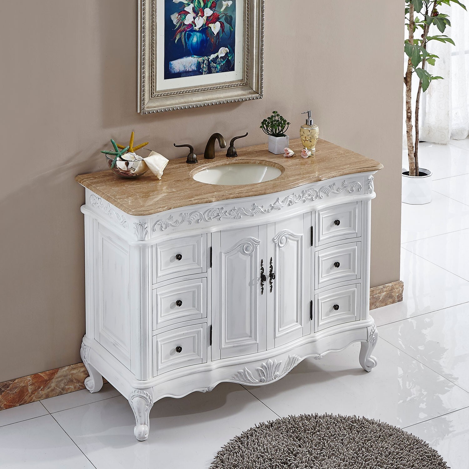 48″ Silkroad Exclusive Ella HYP-0152-T-UIC-48 White Single Travertine Top Vanity