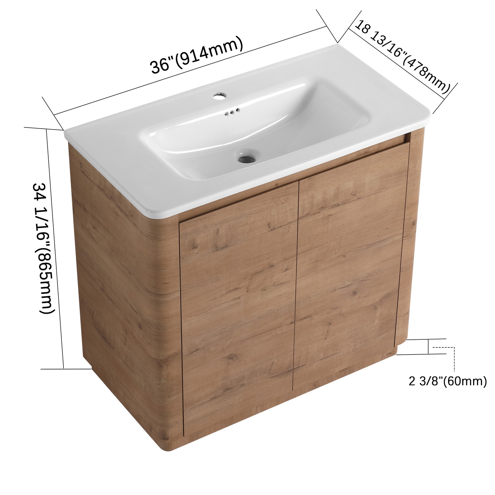 36 inch Freestanding Bathroom Vanity with Ceramic Sink Adjustable Shelf Plywood