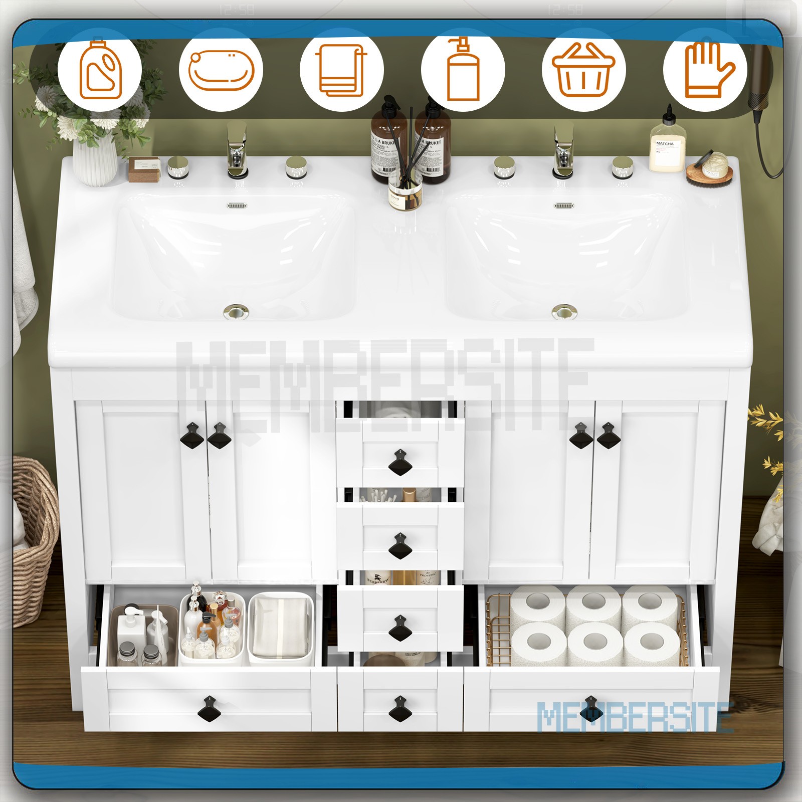 Bathroom Vanity 47.3″ Bathroom Sink Cabinet w/Soft Closing Doors 6 Drawers White