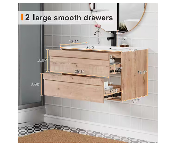 eclife 30″ Floating Oak Single Sink Bath Vanity White Resin Top Faucet Set