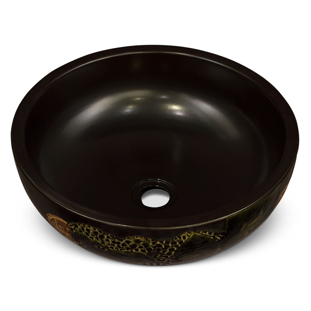 US Seller – 16in Black Chinoiserie Motif Oriental Porcelain Basin