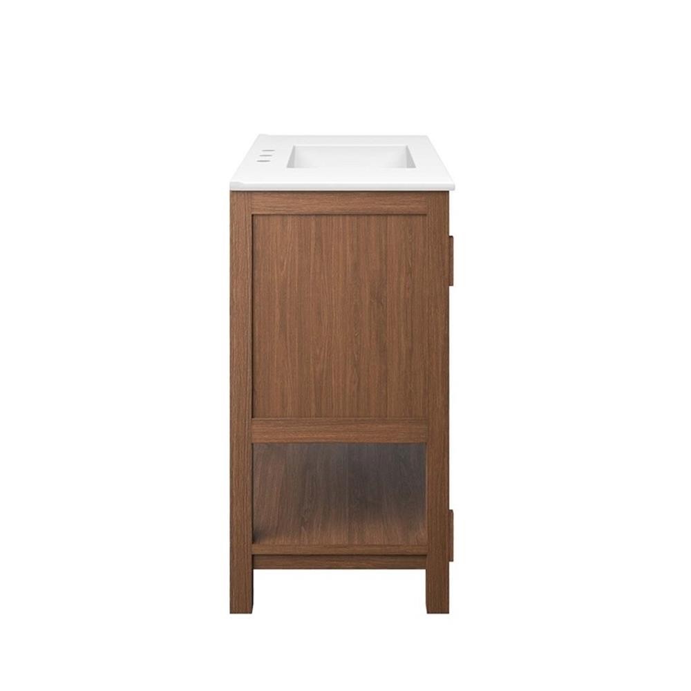 Pemberly Row 36″ Wood Bathroom Vanity with Open Shelf in Walnut and White