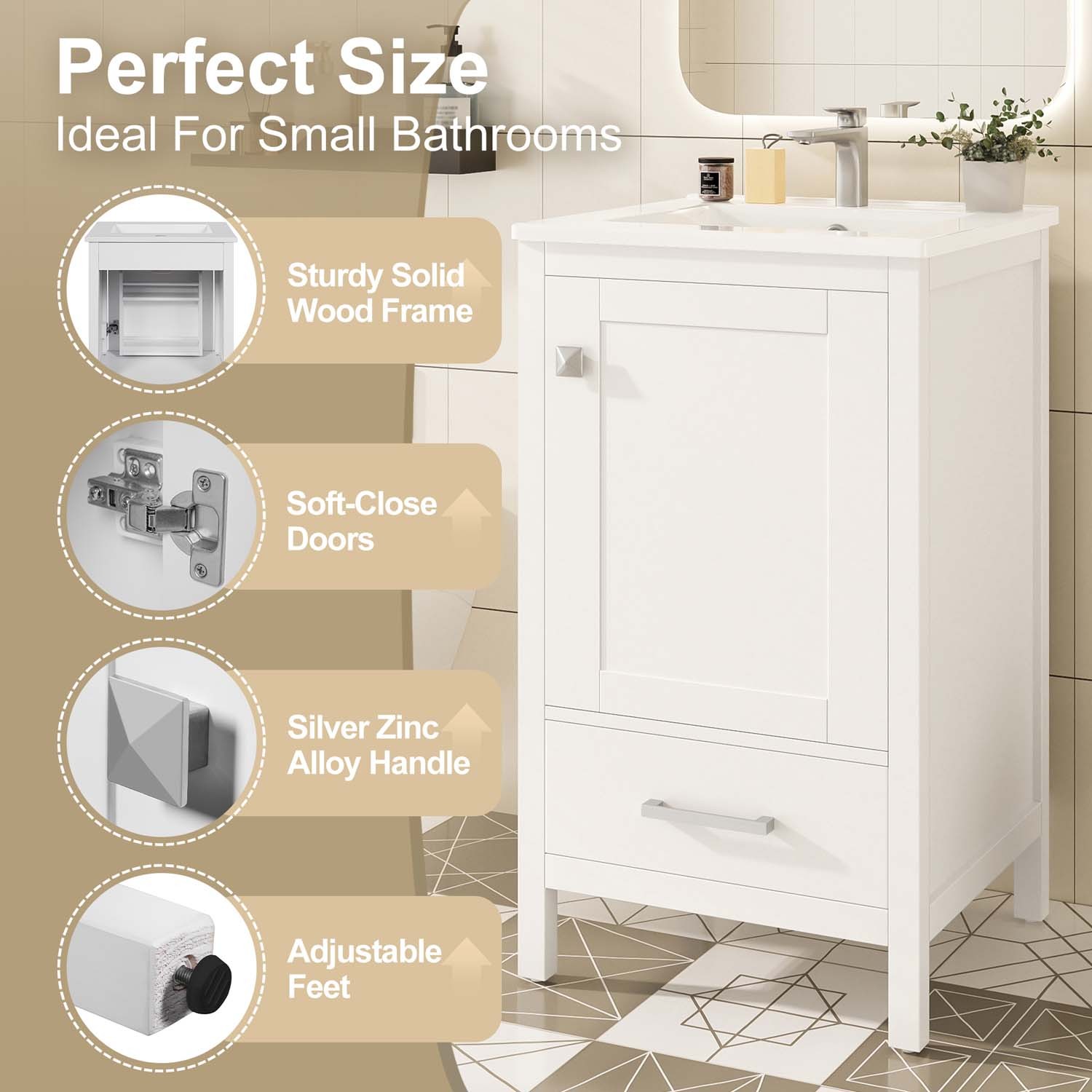 20″ Small Bathroom Vanity Ceramic Sink Combo Soft Close Storage Cabinet White
