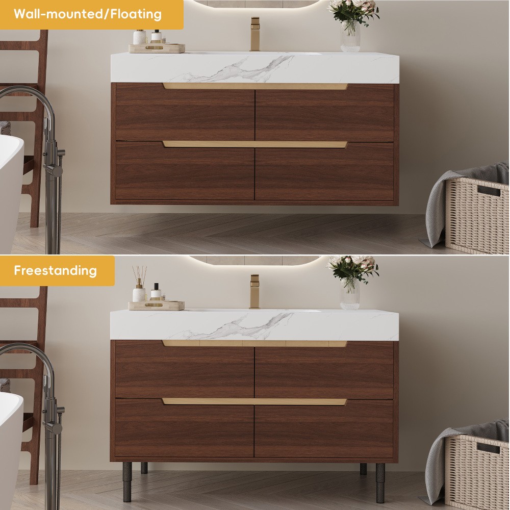 35.4″ Farmhouse Bathroom Vanity w/Sintered Stone Top，4 Drawers，Wall/Floor Mount