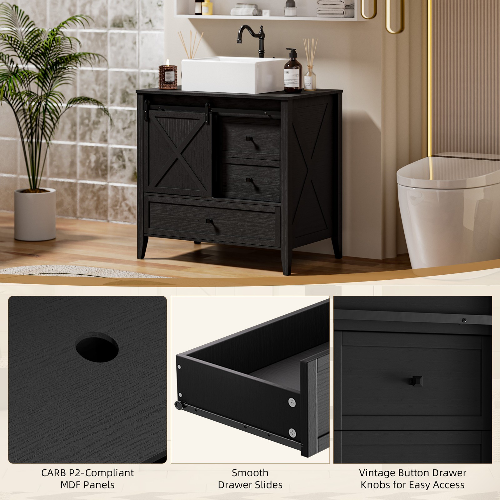 36″ Bathroom Vanity w/Sink Ceramic Freestanding Cabinet Wood Grain Texture Black
