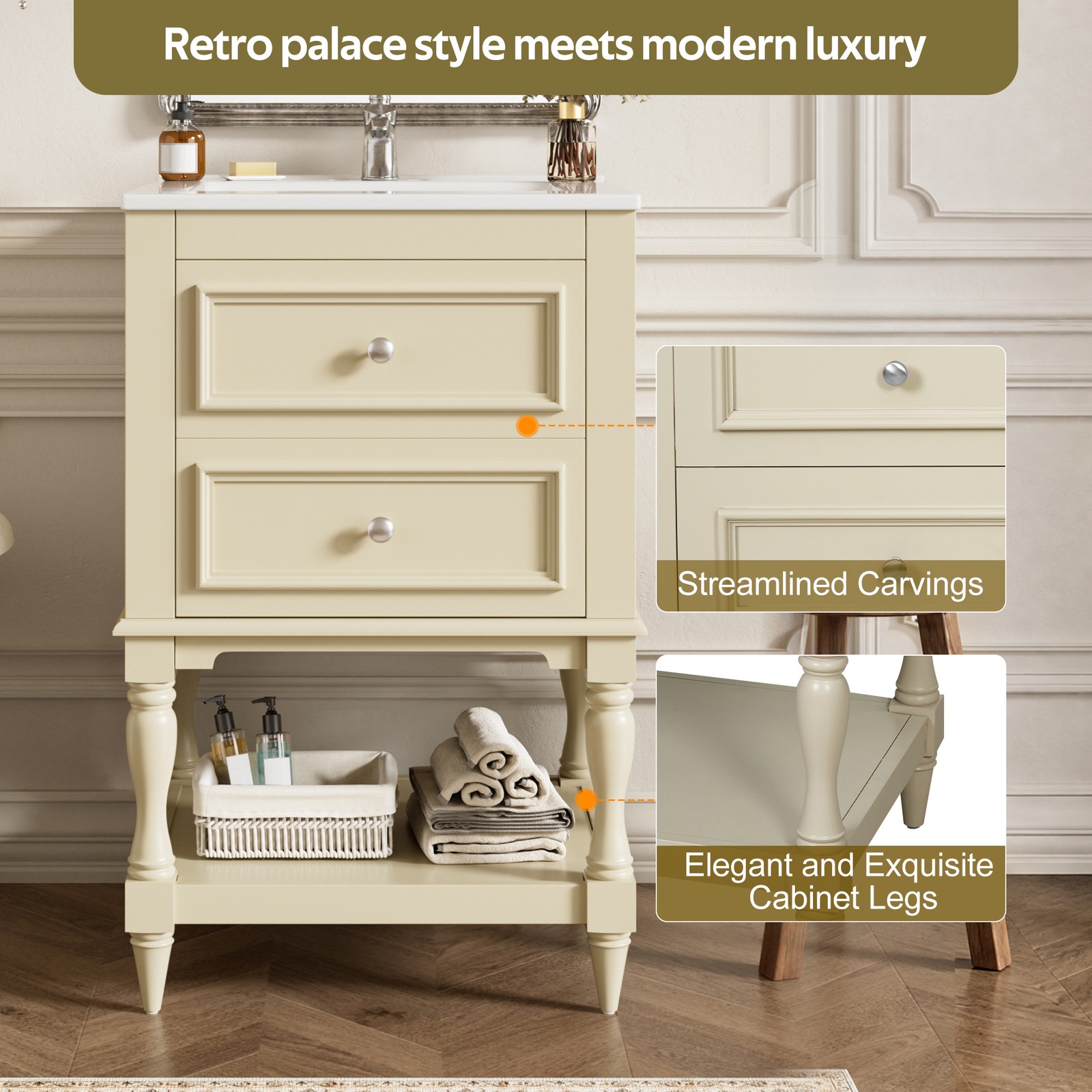 FUNIDEE 20” Bathroom Vanity Set Storage Cabinet with Ceramic Sink Combo Beige