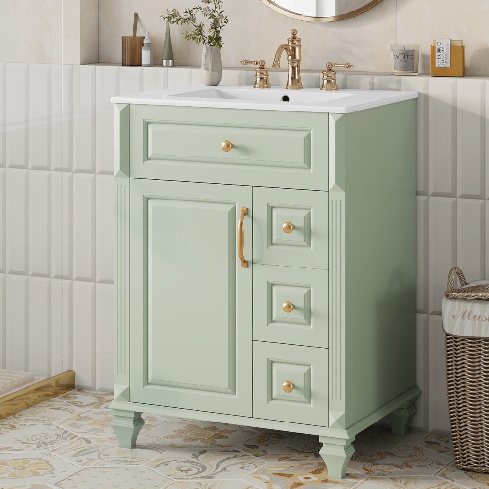 24″ Freestanding Vanity with Ceramic Sink & 3 Drawers, Solid Wood & MDF, Green