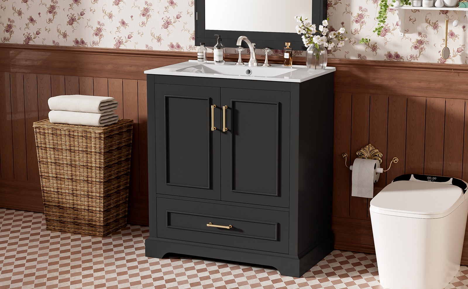 30″ Bathroom Vanity w/ Sink, Black, Soft-Close Doors & Drawer, Solid Wood+MDF