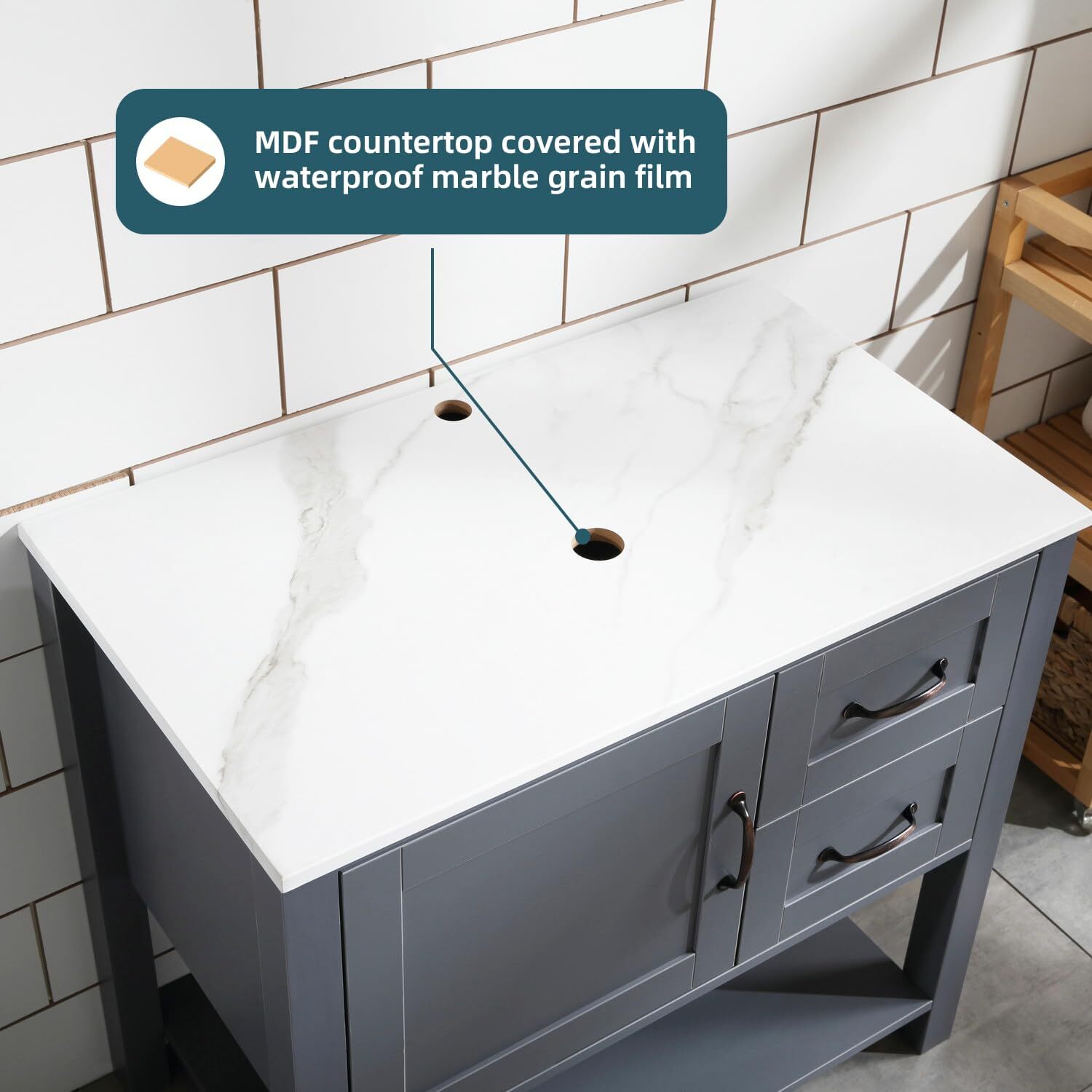 30″ Grey Bathroom Vanity and Sink Combo Marble Pattern Top w/Mirror Faucet&Drain