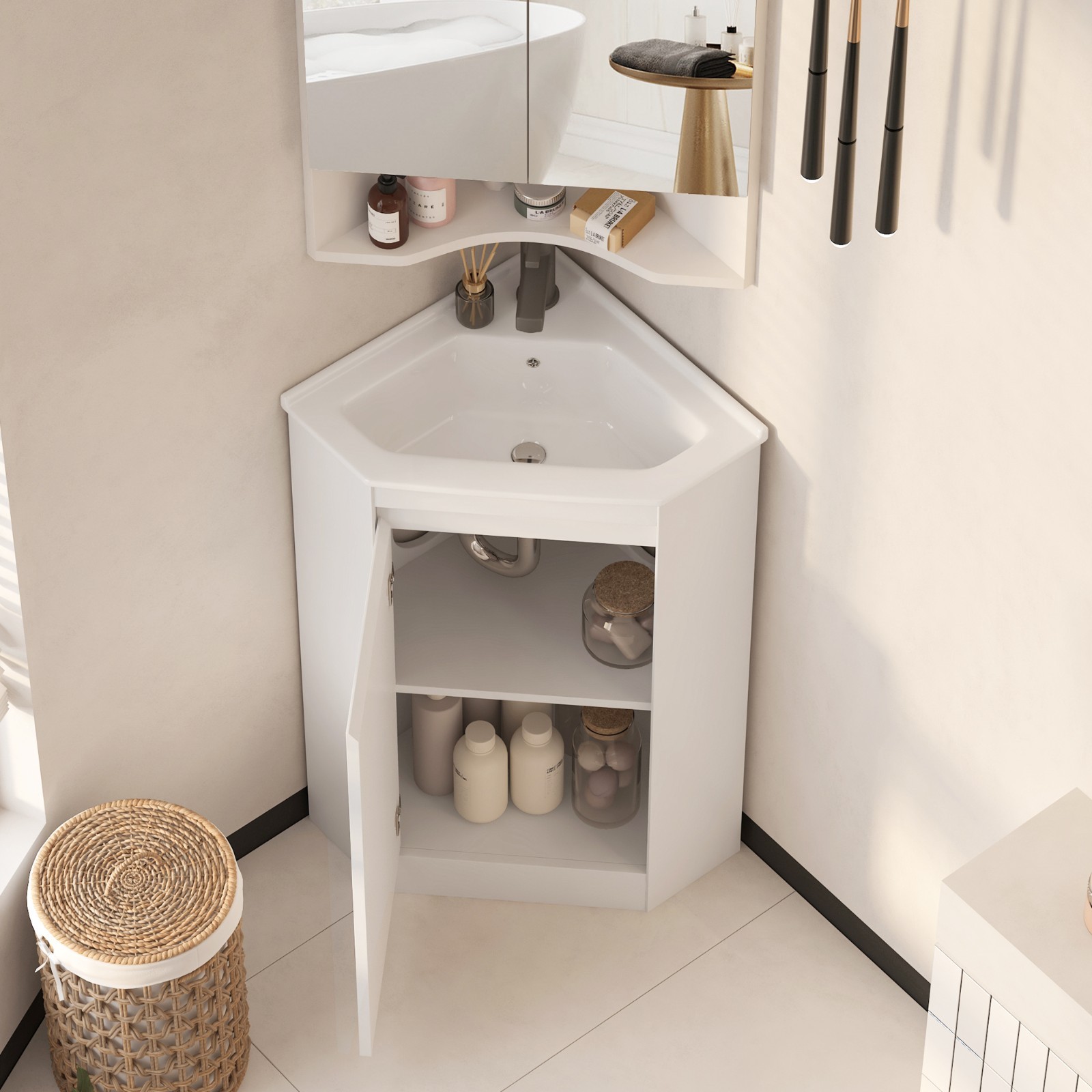 24″ Corner Bathroom Vanity Sink Combo for Small Space Freestanding Sink Cabinet