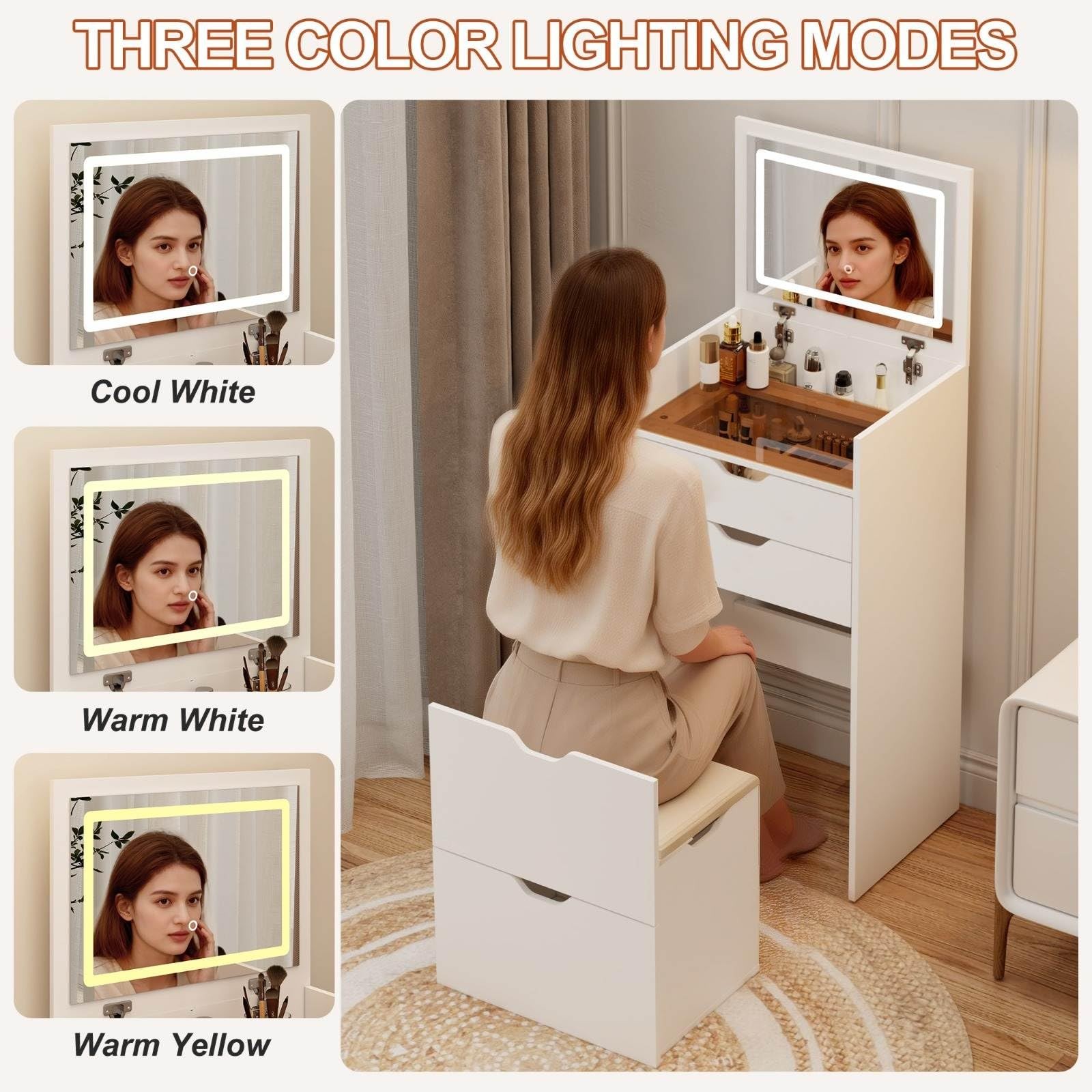 3-in-1 Vanity Desk Set with Mirror Stool LED Lights Drawers Hidden Storage White