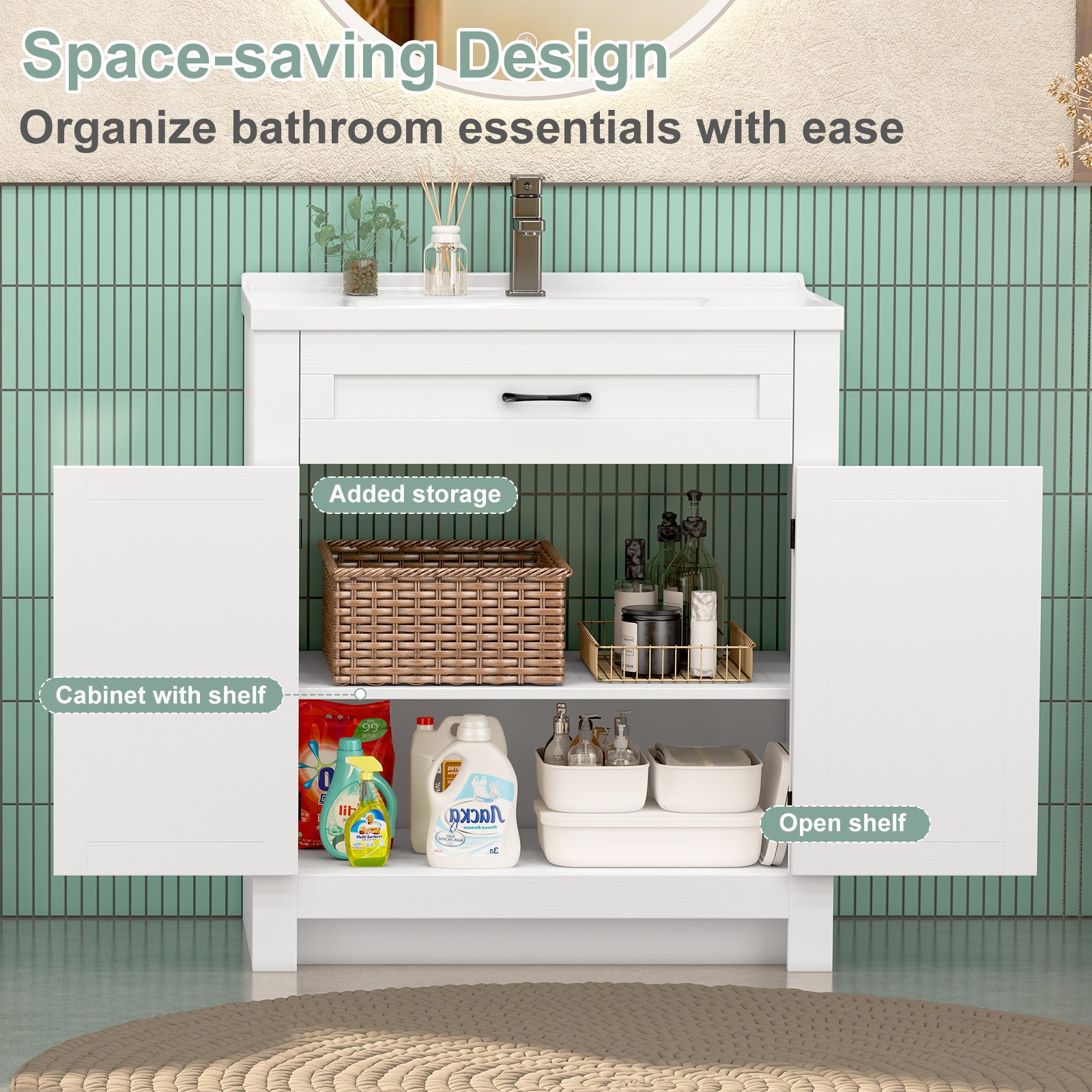 23″ Freestanding Bathroom Vanity Laundry Cabinet w/ Ceramic Sink Combo, White