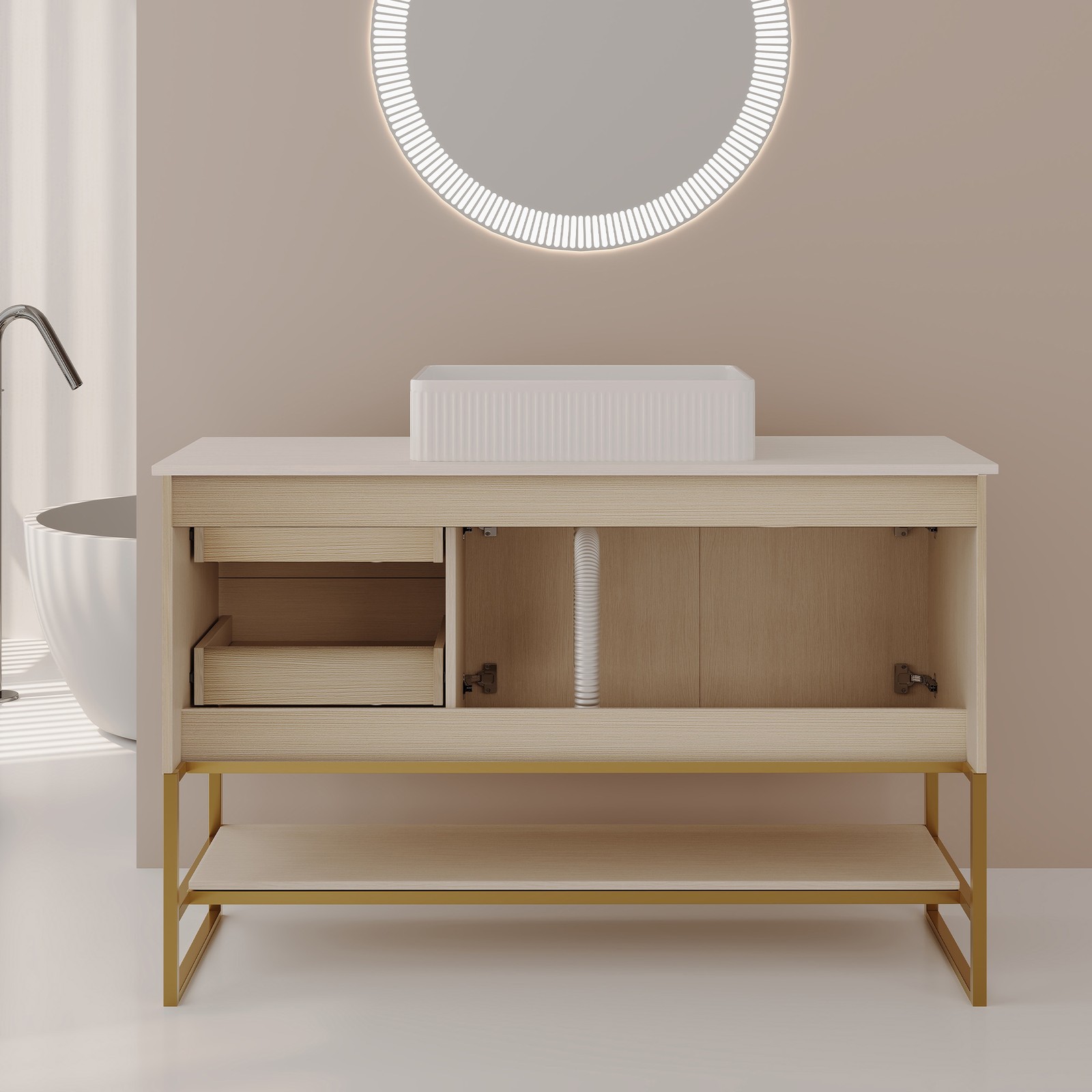 47.2″ Bathroom Vanity with Ceramic Sink, Gold Accent, White Oak