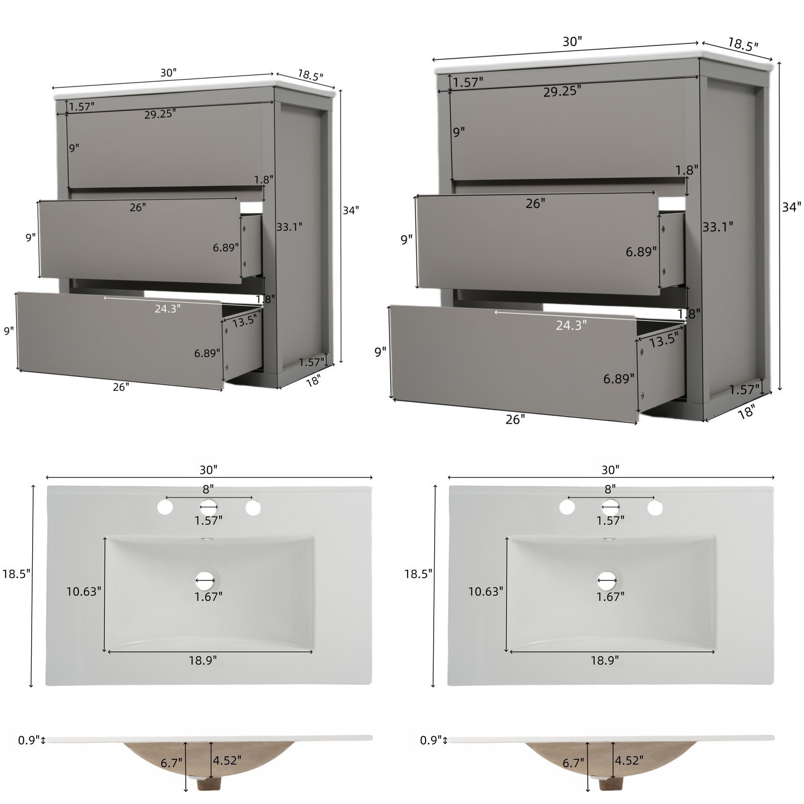 60″ Double Sink Bathroom Vanity Set,Bathroom Cabinet w/2 Separate Ceramic Sinks