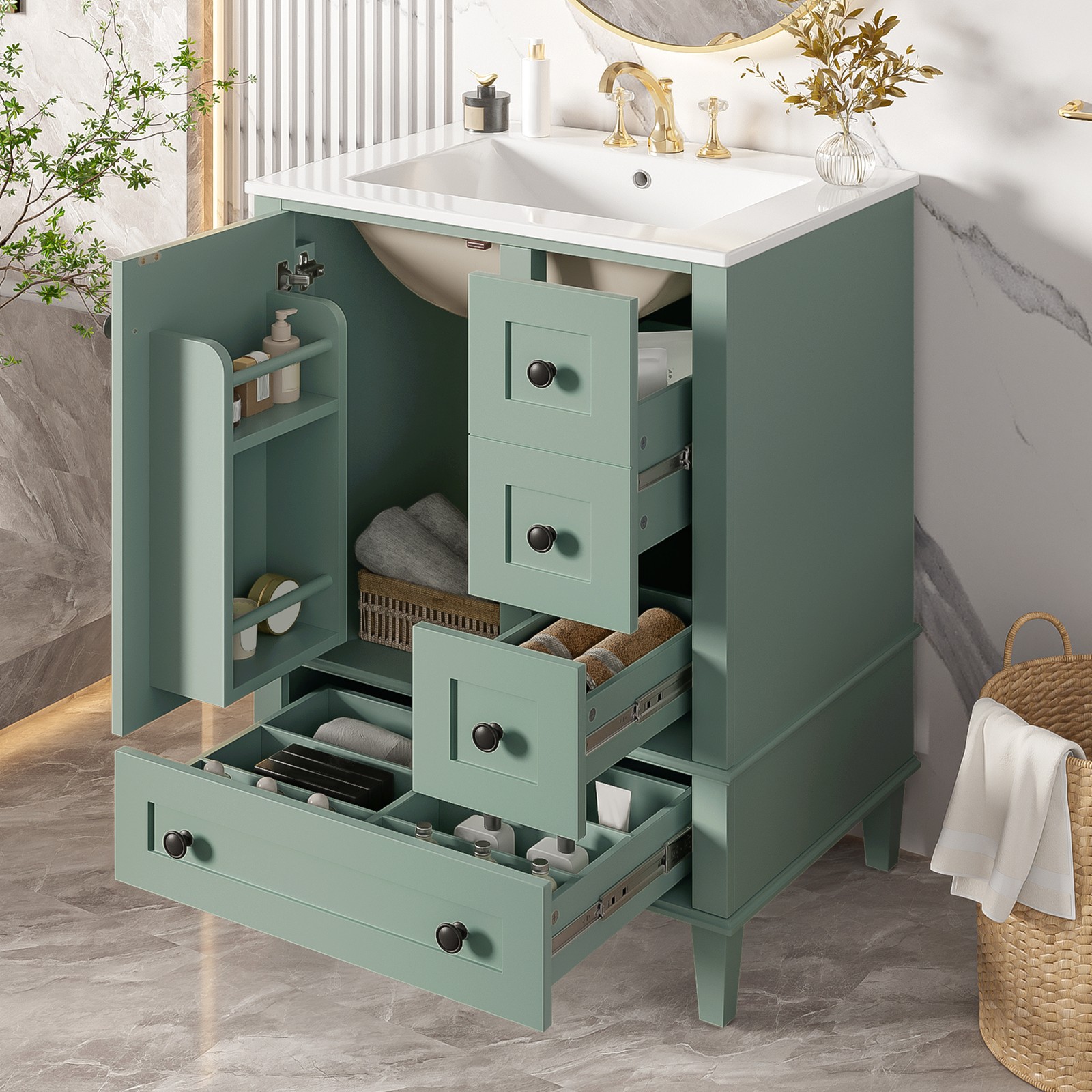 24″ Wood Bathroom Vanity Storage Cabinet with Ceramic Sink & Soft-Close Drawers